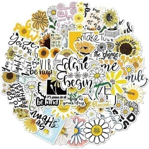50 PCS Flowers Daisies Stickers Pack For Kids Girls Fashion Inspirational Quotes Element Daisy Cartoon Guitar Laptop Stickers