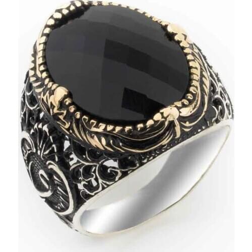 925 sterling Silver Black Zircon Stone Vav Detailed Ring