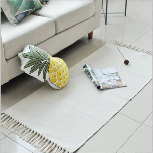 White Durable Cotton Handmade Woven Area Rug for Bedside/Bedroom/Livingroom Machine Washable Rugs and Carpet Hallway Floor Mat