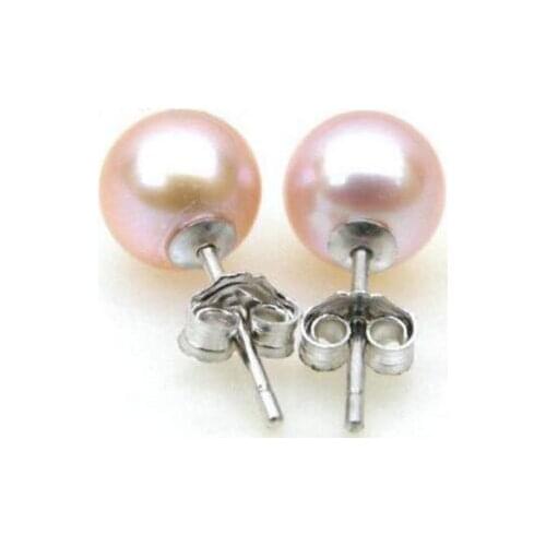 Free shipping>>>>noble jewelry AAA+++ 7mm perfect round lavender pink akoya pearl earring stud 14k white gold