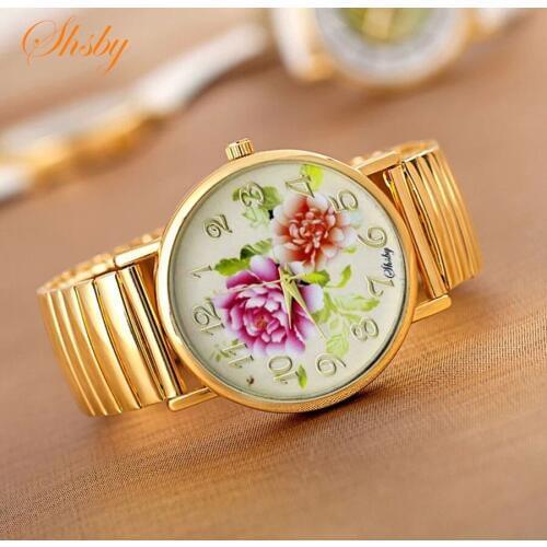 Shsby new Elastic stainless watches women dress watches Gold watchband casual wristwatches Bright-coloured flower girl watches