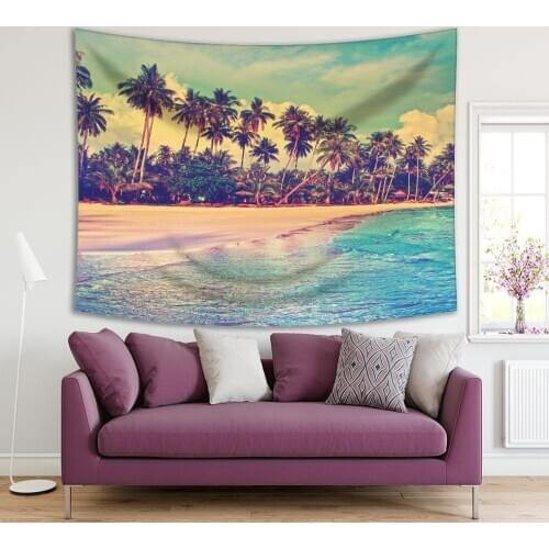 Tapestry Sea and Hotel House Resorts Palm Trees Tropical Beach Clouds on Sky Vintage Style Photo Blue Green