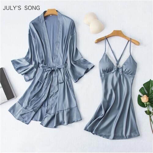 JULYS SONG 2020 Women Sexy Faux Silk Robe Nightdress Set 2 Piece Pajama Set Satin Sling Spring Summer Robe & Gown Set Sleepwear
