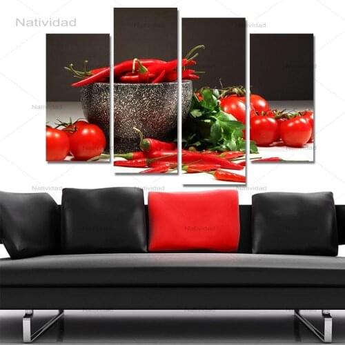 Canvas Painting Red Pepper and Tomatoes Still Life Pictures Modular Wall Posters and Prints for Kitchen Room 4 Pieces No Frame