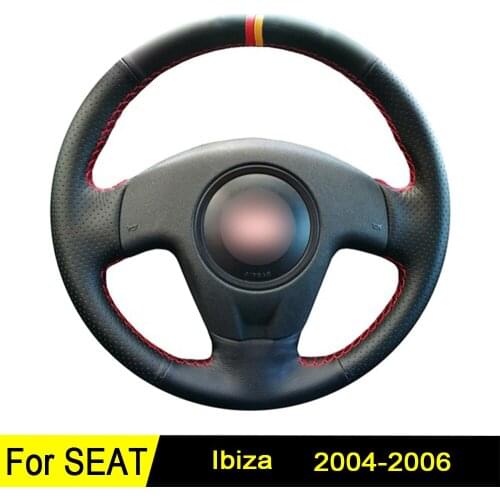 Leather Car Steering Wheel Cover For Seat Ibiza 2006 2005 2004 Hand-stitched Black Artificial Leather Non-slip Four Seasons