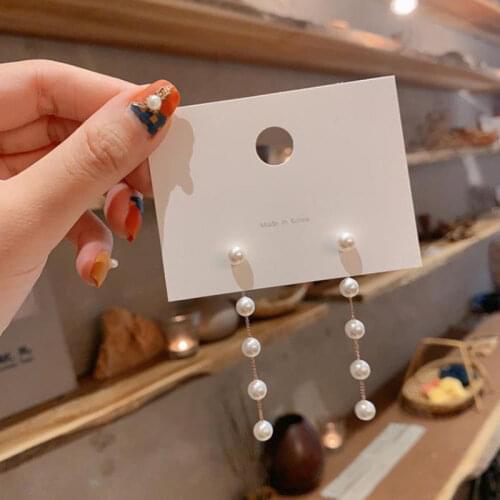 Kpop Trendy Fairy Simulated Pearl Women Long Earrings White Round Pearl Wedding Pendant Earrings Korean Fashion Jewelry Earrings