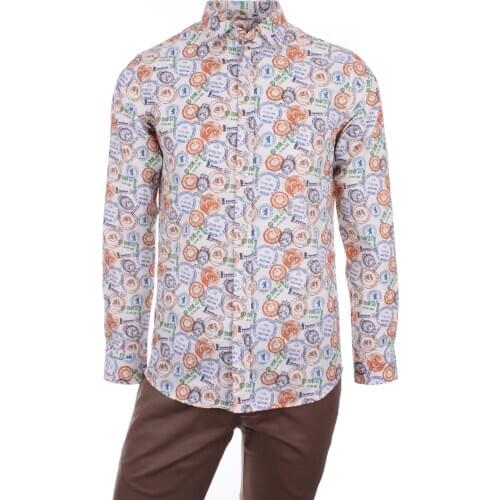 Gentilbay Mens Visa Seal Digital Printed Cotton Pink Brown Slimfit Long-Sleeve Sport Classic Shirt DPD078