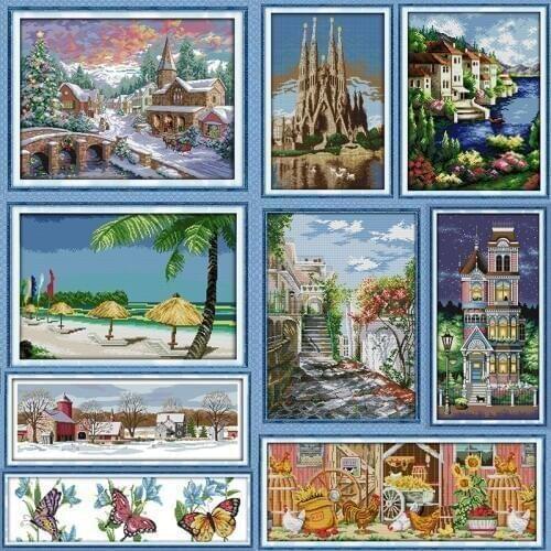 Garden Villa Scenery Painting Counted Cross Stitch Kit Aida 14ct 11ct Count Print on Canvas Embroidery Cross Stitches Needlework