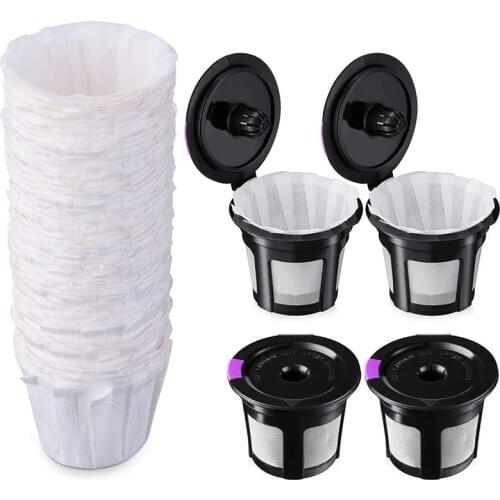 Reusable K Cups with Paper Filters Set, Including 4 Pack K Cups and 100 Pcs Coffee Filters for Keurig 1.0 and 2.0