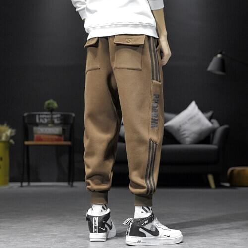 2020 Winter New Large Size Mens Tie-foot Striped Letter Printing Plus Velvet Thickening Casual Sportspants Pantalones De Hombre