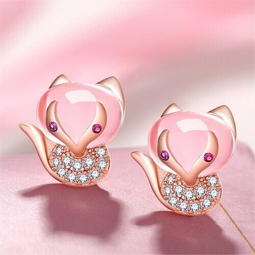 Charming Natural Pink Gems Crystal Stud Earrings Cute Rose Gold Plated Fox Earrings Lovers Xmas Gifts Womens Fine Jewelry