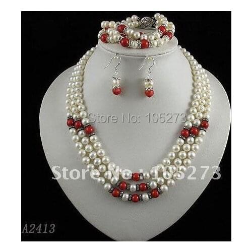 Stunning!jewelry set AA7-8mm white color Genuine freshwater pearl & coral necklace bracelet earring Hot sale free shipping A2413
