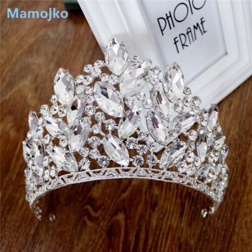 Mamojko Luxury Big Crystal Crown Wedding Head Tiara Bride Hair Accessories Vintage Silver Crowns For Women Bridal Hair Accessory