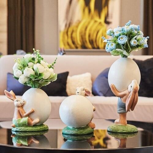 Nordic Simple Rabbit Vase With Flowers Ornaments Resin Animal Bunny Flowerpot Miniature Garden Figurines Home Decoration