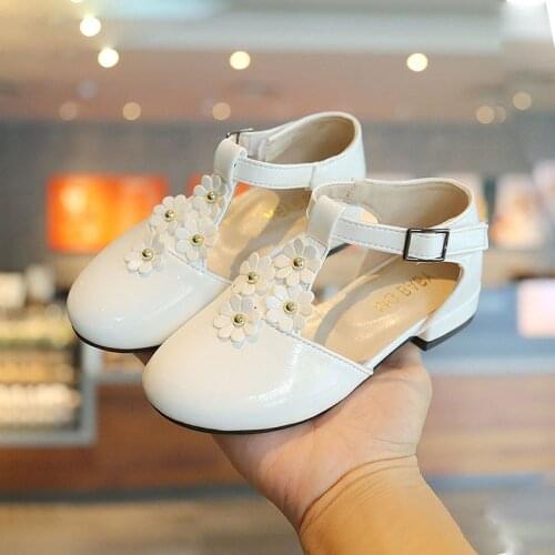 Flower Childrens Big Girls White Leather Shoes Teenager Student Performance Wedding Party Dance Princess Shoes 6-12 Years Old