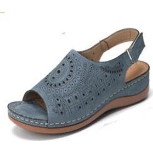 Fashion 2020 Summer Womens Sandals PU Cutout Buckle Strap 2.5CM Wedges High Heels Peep Toe Shallow Back Strap Retro Comfortable