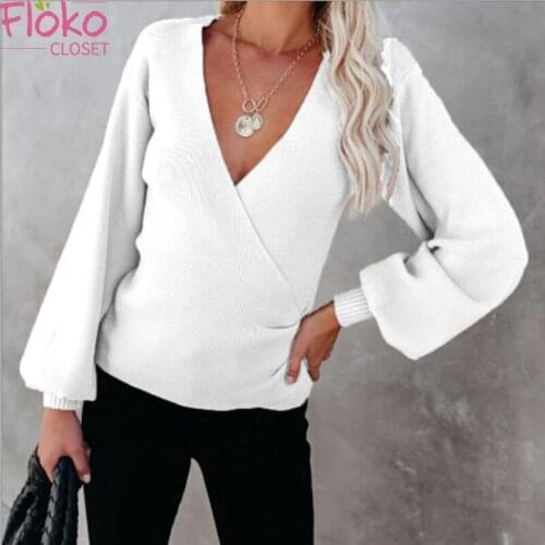 Flokocloset Causal Cross V-Neck Solid Color Women Knitted Sweater Loose Long Sleeve Pullovers STREETWEAR