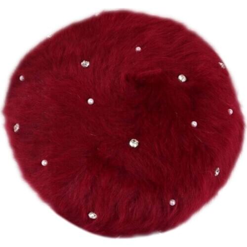 French Style Women Winter Fuzzy Plush Beret Cap Rhinestone Faux Pearl Embellished Solid Color Painter Pumpkin Beanie Hat