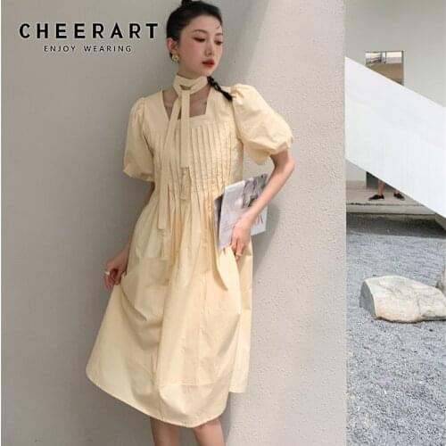 CHEERART Cream Color Lantern Short Sleeve Dress Summer 2021 Square Neck A Line Long Midi Ladies Dress Korean Fashion Clothing