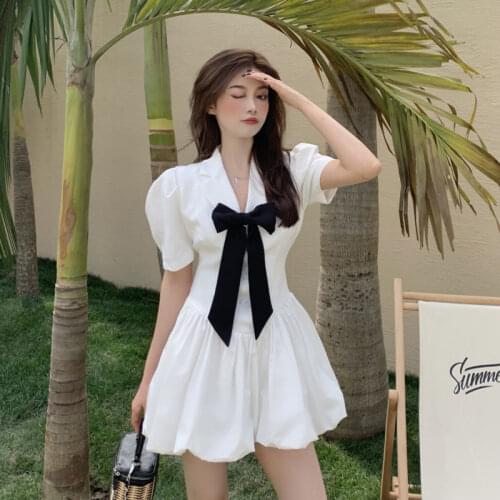 Vintage Casual Short Dress Summer Women Puff Sleeve A Line Dresses High Waist Notched Collar Ladies Dress White and Black 2021
