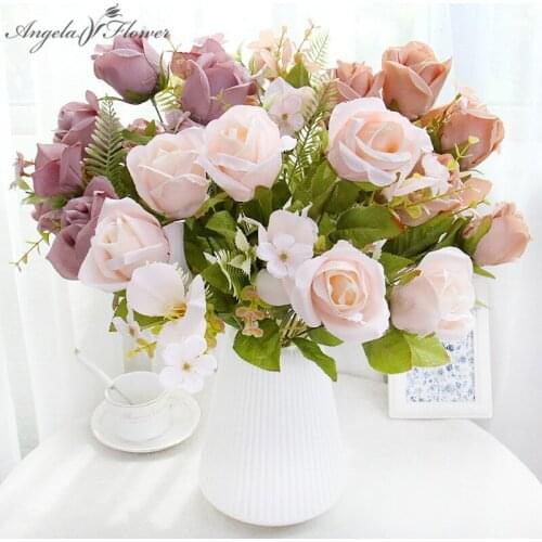 11 Heads Rose Bouquet Silk Artificial Flowers White Pink Burgundy Rose Flowers For Wedding Decor Home Bedroom Table Display Gift