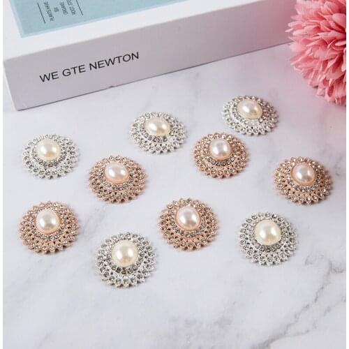 27x24mm 10pcs Button Decorative for Craft Rhinestone Gold Flatback Embellishment Pearl Crystal Bouton DIY Decoration