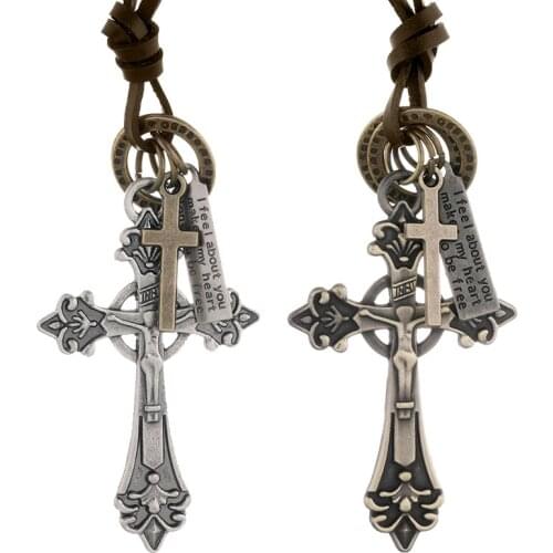 Retro Long Cowhide Necklace Creative Pull Adjustment Cross Pendant Mens Jewelry