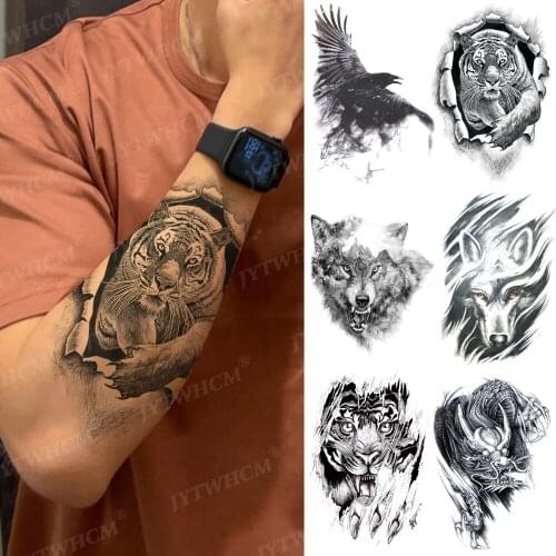 Fake Tattoo Sticker Art Mechanical Arm Temporary Tattoos Approves Water Sketch Painting Wolf Fox Tiger Dark Brutal Design Tattoo