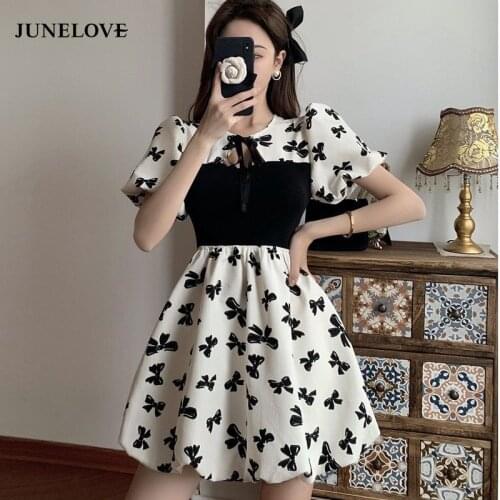 JuneLove Summer Vintage Floral Dresses Women Sweet Patchwork Korean Elegant Dresses Chic Casual Slim Party Revolve Dresses 2021