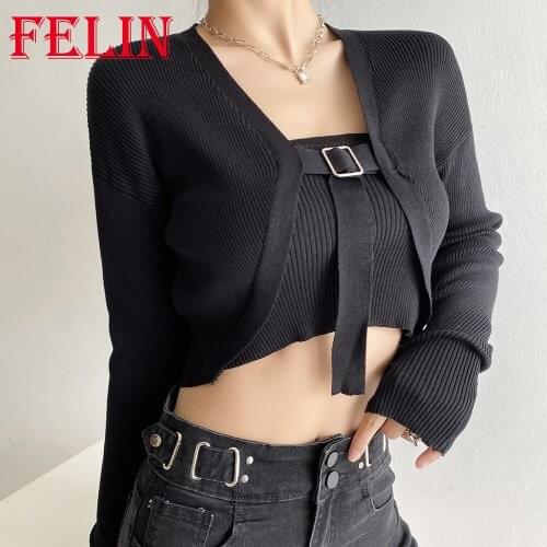 FELIN Za Chic Black Knitted Summer Cardigans Women Fashion 2021 Ties Slim Girls Short Outwear Stylish Cropped Tops Mujer
