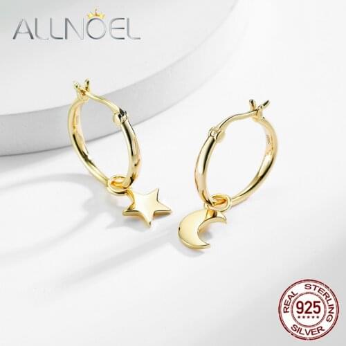 ALLNOEL Solid 925 Sterling Silver Minimalist Hoop Earrings 14k Gold Star Crescent Charm Earring Set for Women 2020 Hot Style
