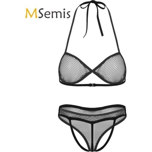 Womens See Through Fishnet Lingerie Set Halter Neck Deep V Bikini Bra Top with High Waist Crotchless Open Butt G-string Briefs