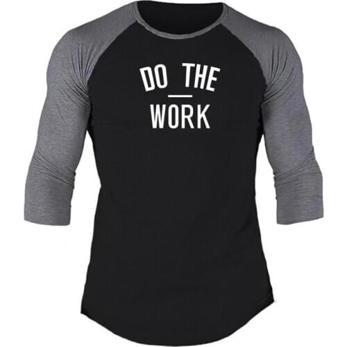 MACHINEFITNESS Spring Mens T-shirts 3/4 Sleeve Patchwork T Shirt Casual O-Neck Gym Tshirt Elastic Hip Hop Tops Plus Size