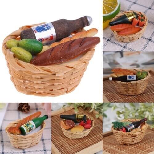 1Set 1:12 Dollhouse Miniature Food Wine Bottle Bread Vegetable Fruit Food Bamboo Basket For Doll Kitchen Decor