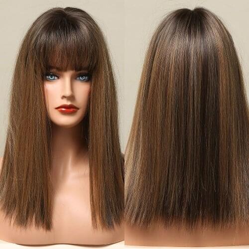 Mixde Black Honey Brown Wigs with Full Bangs Long Silky Straight Synthetic Wigs for Women Cosplay Daily Party Use Heat Resistant