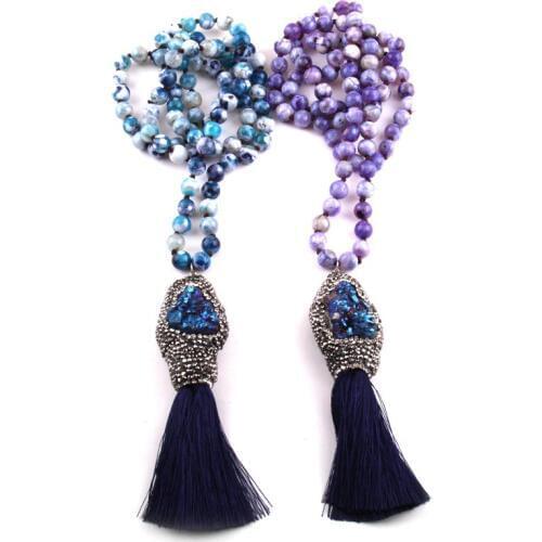 MOODPC Fashion Bohemian Tribal Jewelry Fashion Facet Blue Agat Stone Knotted Crystal Pave Pendant Tassel Necklace For Women