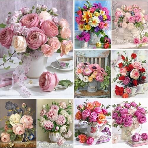 DIY 5D Diamond Painting Rose Cross Stitch Kit Full Drill Embroidery Mosaic Flower Vase Picture of Rhinestones Gift Home Decor