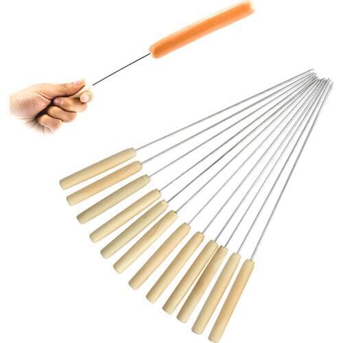 Barbecue Sticks Skewers Kebab Stickers Wooden Handle Stainless Steel Picnic BBQ Tools Camping Roast Meat Needle Cookware 12/6pcs