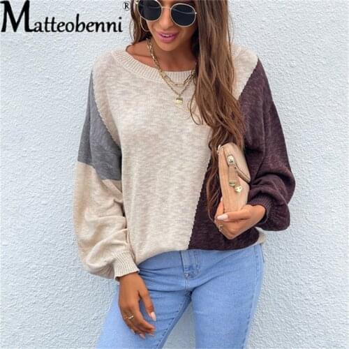 Sexy Off Shoulder Sweater Women Pullover Long Sleeve Sweaters Autumn Winter Color Block Sweater Jumpers Knit Ladies Sweaters