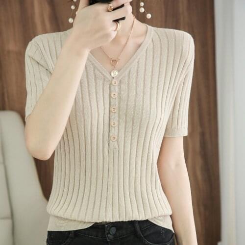 V of knitting of female sweater short sleeve half sleeve gets cotton-hemp to cover head thin money to take out a show thin vest