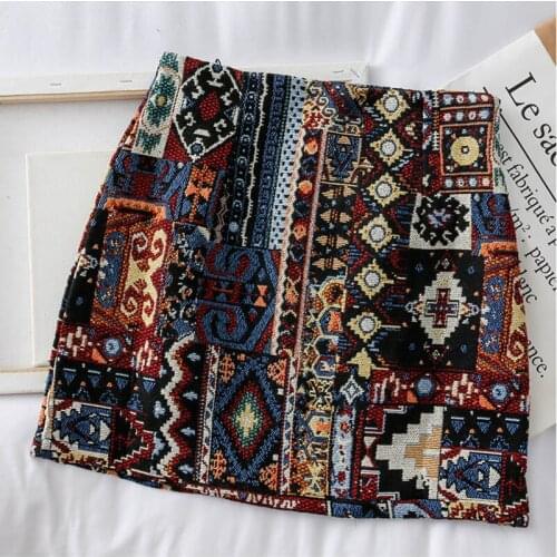 Abrini Women Boho Skirt Embroidery A-Line Mini Skirts Chic Geometry Pattern Woolen Wide Leg Vintage Bohemian Folk Skirts Women