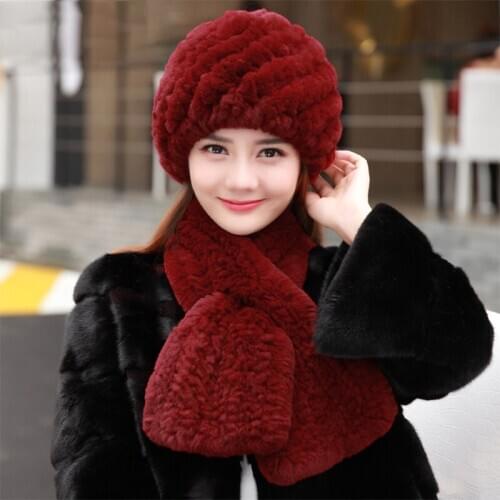 Ladies Rex Rabbit Two-piece Fur Hat Natural Real Wool Knitted Hat Scarf fashion Fluffy Lady Real Fur Beanie Female Fur Hat