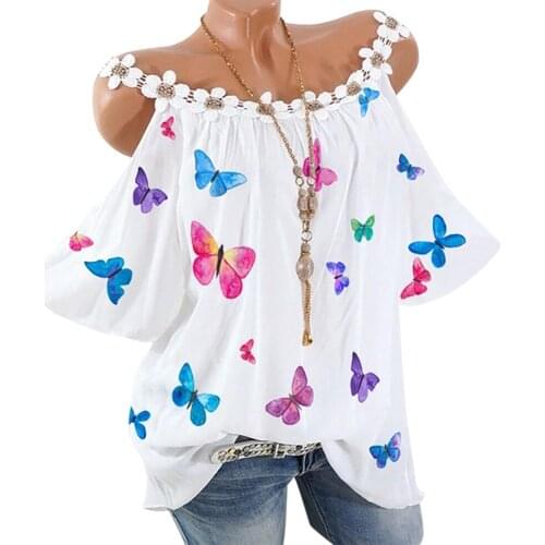 T shirt Women Sexy Lace Neckline tshirt Short Sleeve Cold Shoulder Butterflies ladies T-shirts Top Butterflies t shirt Top