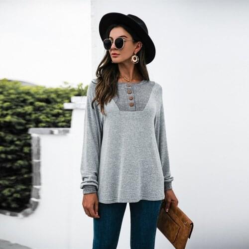 Autumn Winter Long Sleeve Button Knitted T-shirt Top Women New Casual Loose O-neck Patchwork Color Thick Pullover Elegant Chic