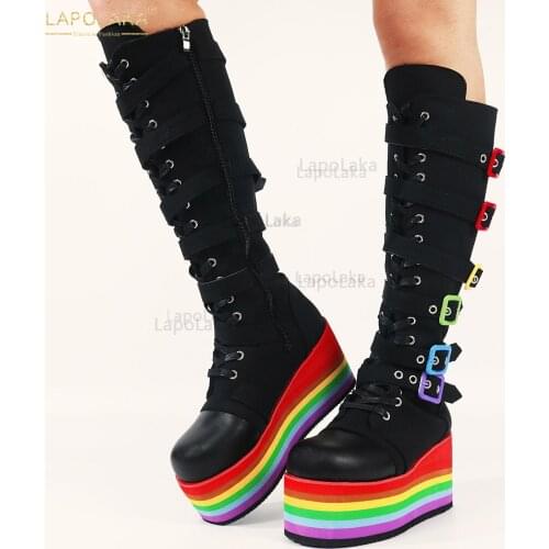 Lapolaka 2021 Female Motorcycle Boots Flat Heel Round Toe Zip Super High Heel With Buckle High Platform Mid-Calf Women Boots