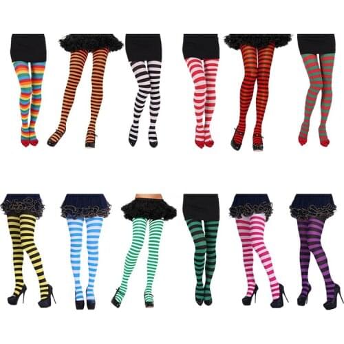 2021 Women Girls Rainbow Multicolor Striped Tights Opaque Stockings Full Length Slim Pantyhose for Christmas Halloween Cosplay