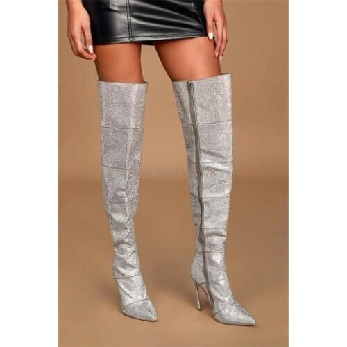 New Winter Women Bling Bling Rhinestone Over Knee Boots Luxury Crystal Pointed toe High Heels Thigh High Long Boots Women Shoes