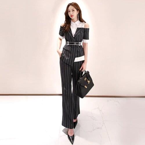 Work Suit Womens Single-breasted Striped Cutaway Jacket + Trousers 2 Piece Sets Womens Outfit
