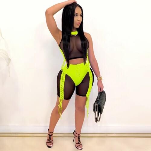 Women Lace Up Sexy Mesh Patchwork Tracksuit Crop Top Tank & Shorts Suit Night Club Suits Clothes Two Piece Set Fitness Outfits