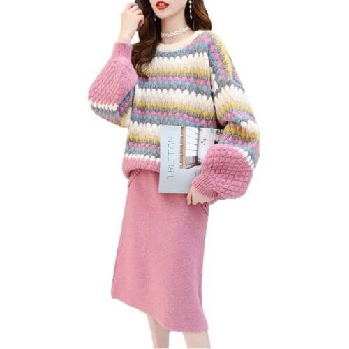 Pink Blue Knit Set Women Loose Casual Striped Jumpers Pullover Sweater Skirt 2pcs Outfits Female Fashion Knitwear 2 Pieces Set